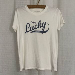 Lucky Brand S Ivory Classic Navy Logo Short Sleeve Tee Cloud Dancer